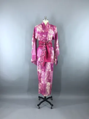 1930s Vintage Silk Kimono Robe / Bright Pink Floral Meisen Silk Ikat