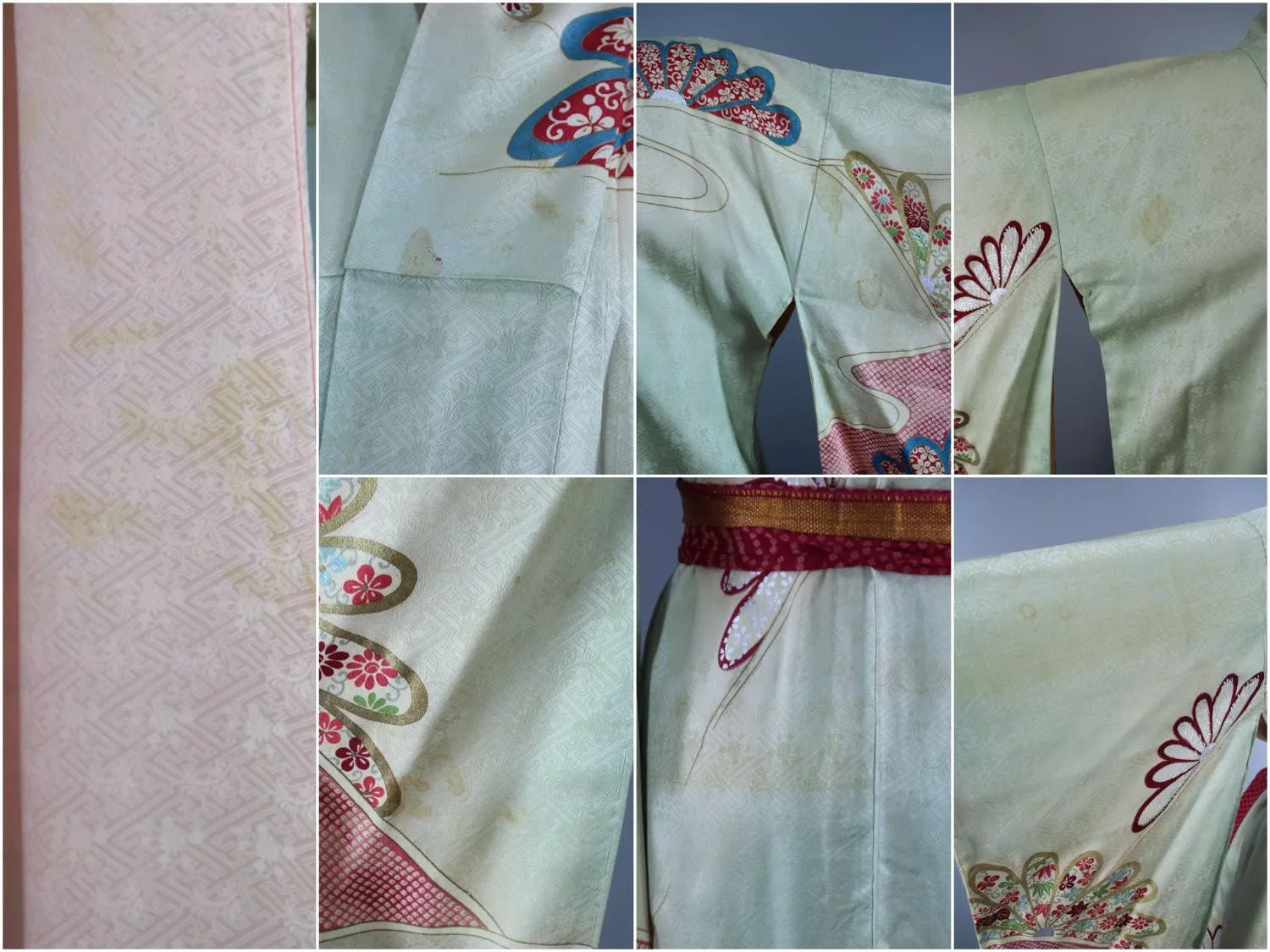 1950s Vintage Silk Kimono Robe Furisode / Pastel Mint Green Floral Pattern