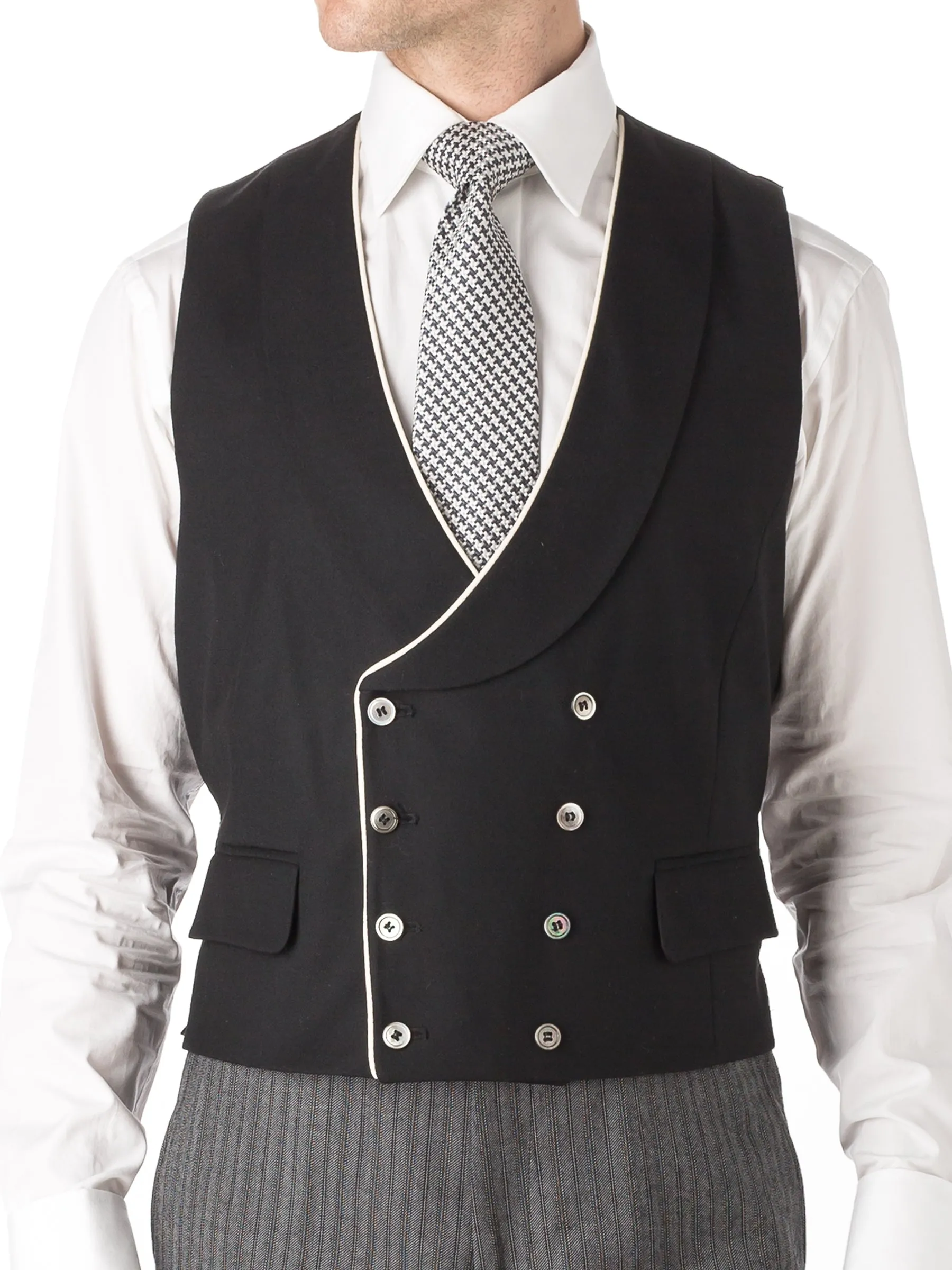 Black Gabardine Wool Double Breasted 8 Button Shawl Lapel Piped Waistcoat