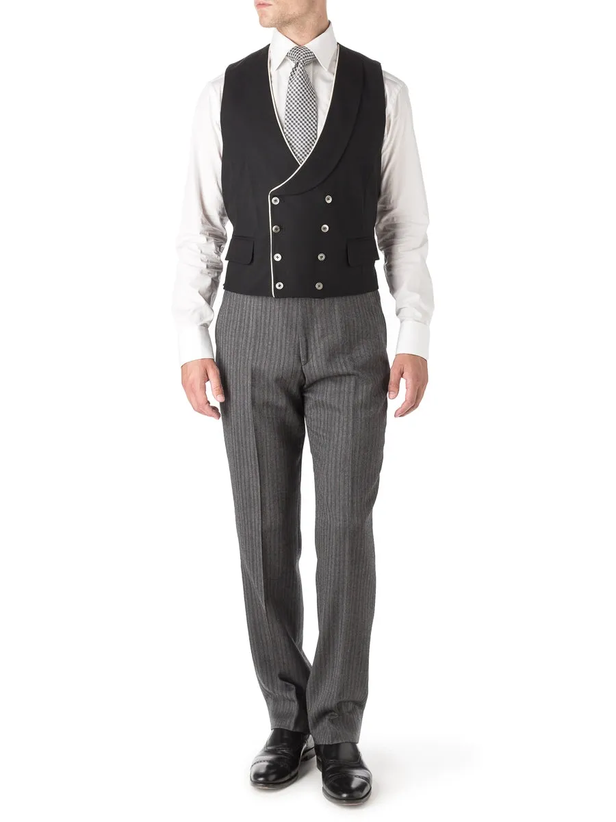 Black Gabardine Wool Double Breasted 8 Button Shawl Lapel Piped Waistcoat
