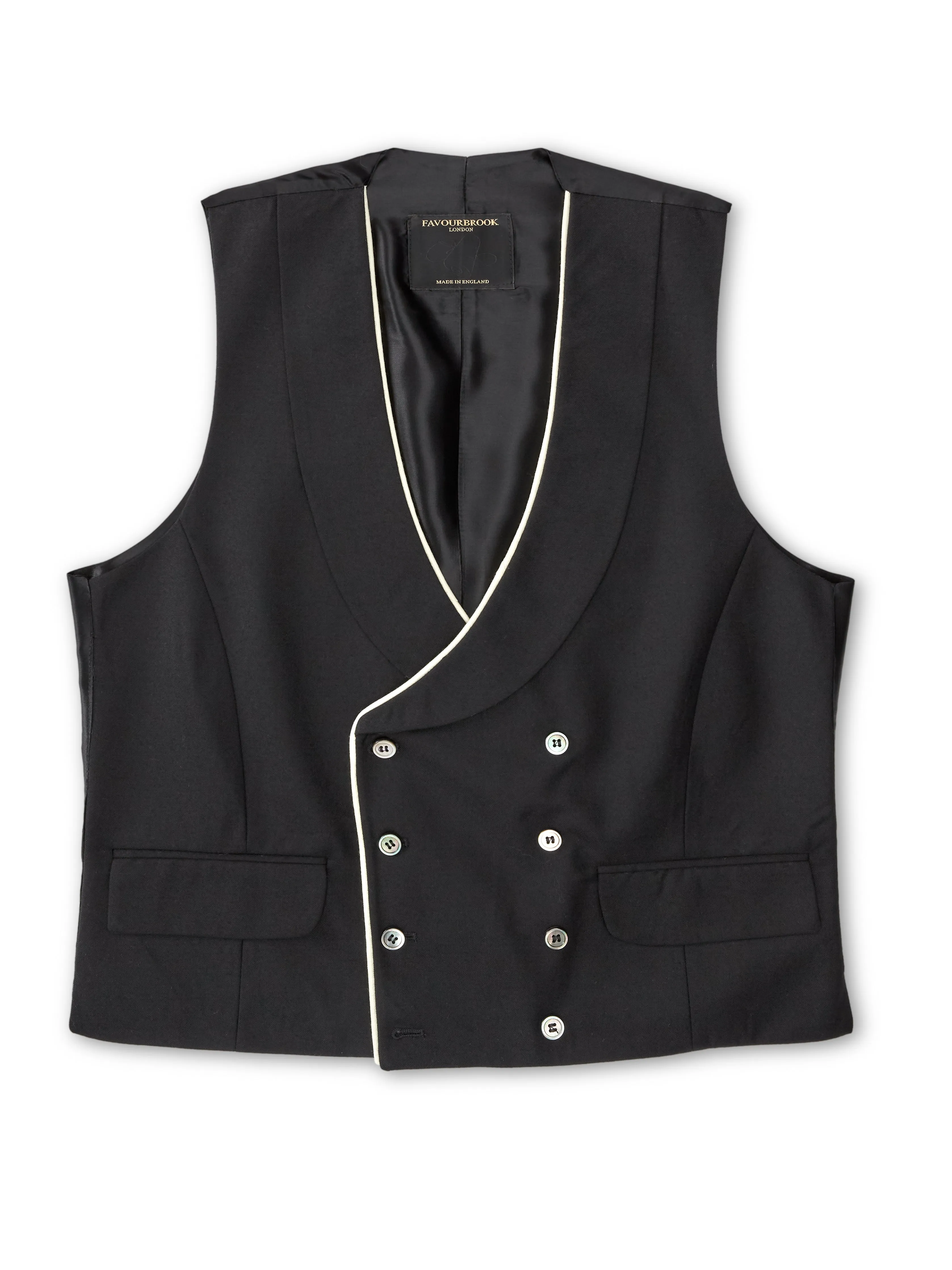 Black Gabardine Wool Double Breasted 8 Button Shawl Lapel Piped Waistcoat