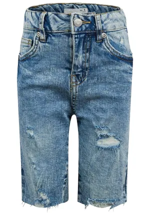 Blue Denim Distressed Frayed Biker Adjustable Waist Shorts
