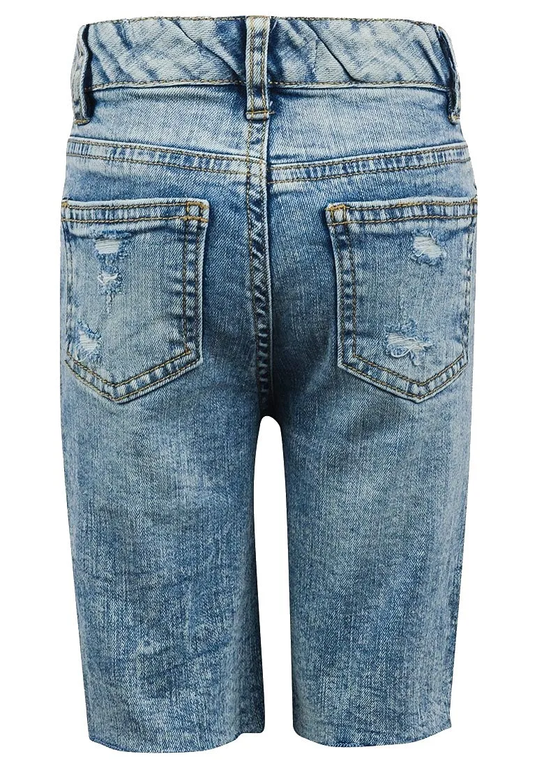 Blue Denim Distressed Frayed Biker Adjustable Waist Shorts