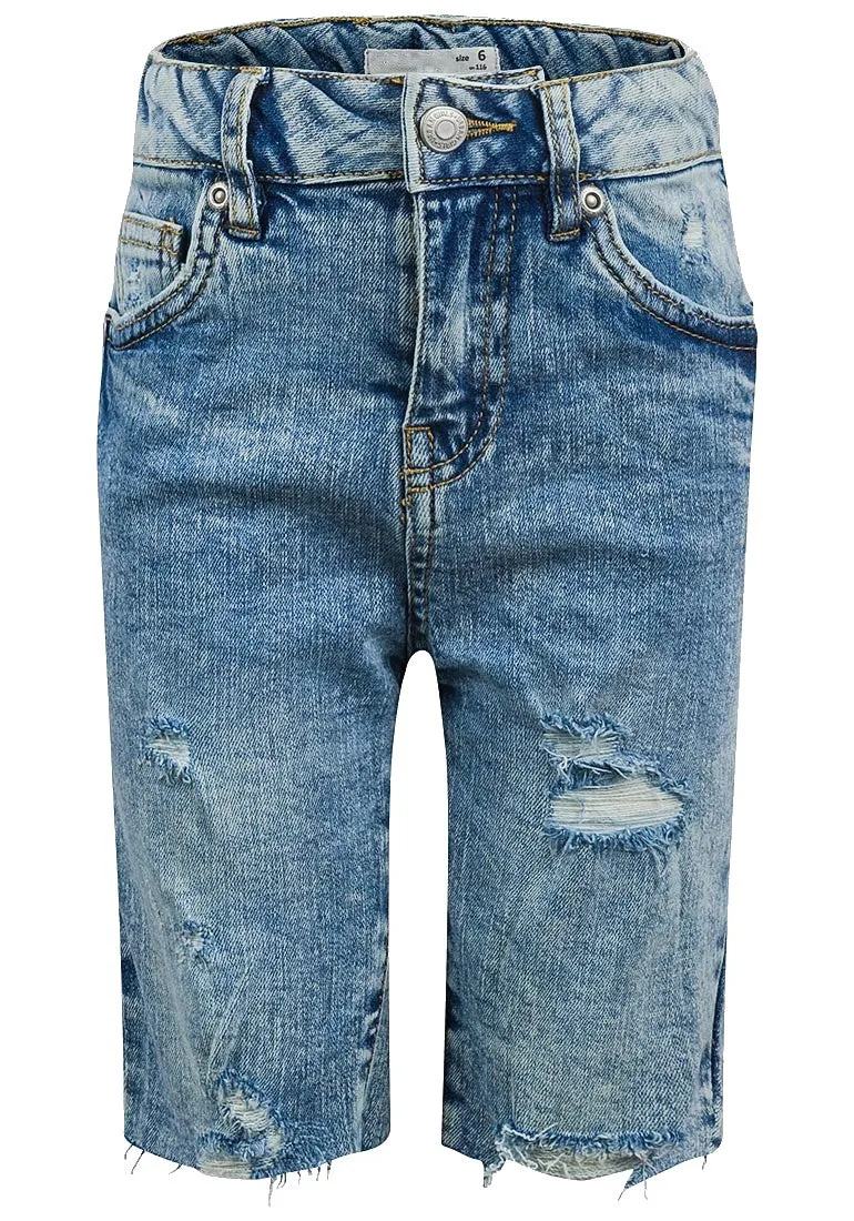 Blue Denim Distressed Frayed Biker Adjustable Waist Shorts