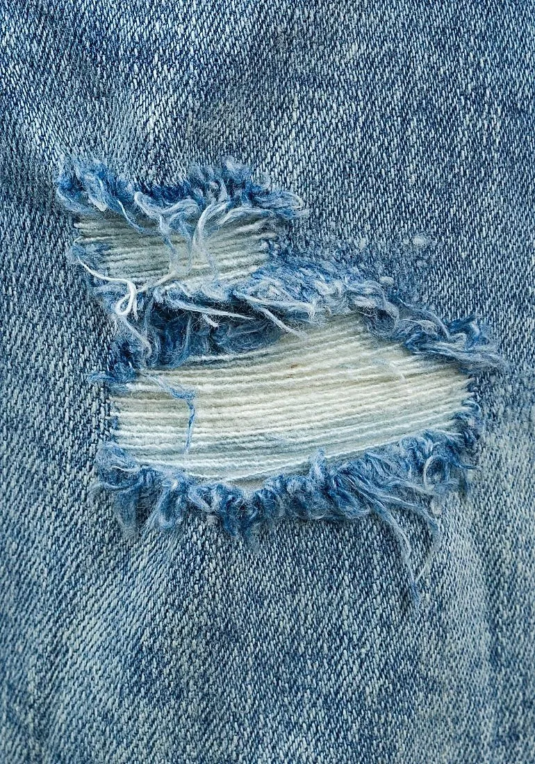 Blue Denim Distressed Frayed Biker Adjustable Waist Shorts