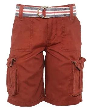 Boys Attire Red Henna Cotton Adjustable Waist Belted Combat Cargo Shorts