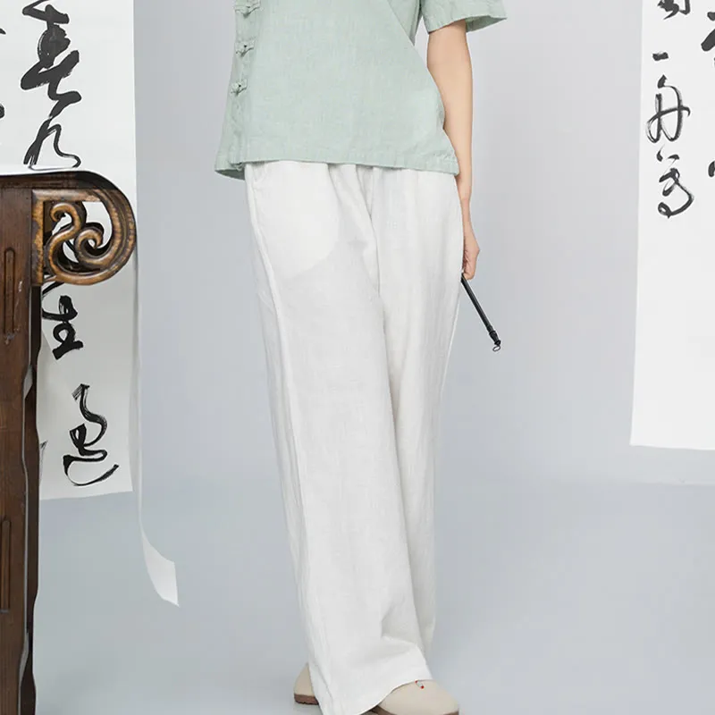 Buddha Stones Casual Plain Loose Straight Leg Women's Ramie Cotton Wide Leg Pants With Pockets