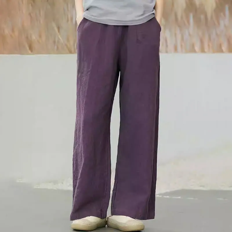 Buddha Stones Casual Plain Loose Straight Leg Women's Ramie Cotton Wide Leg Pants With Pockets