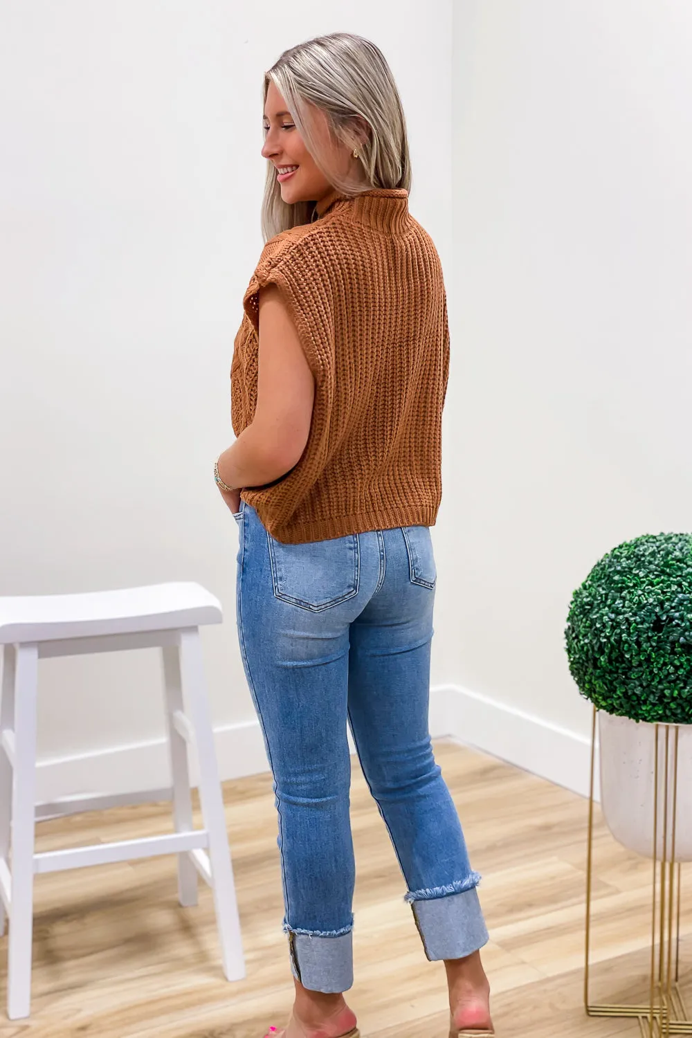 Calm & Cozy Sleeveless Mock Neck Sweater - Caramel