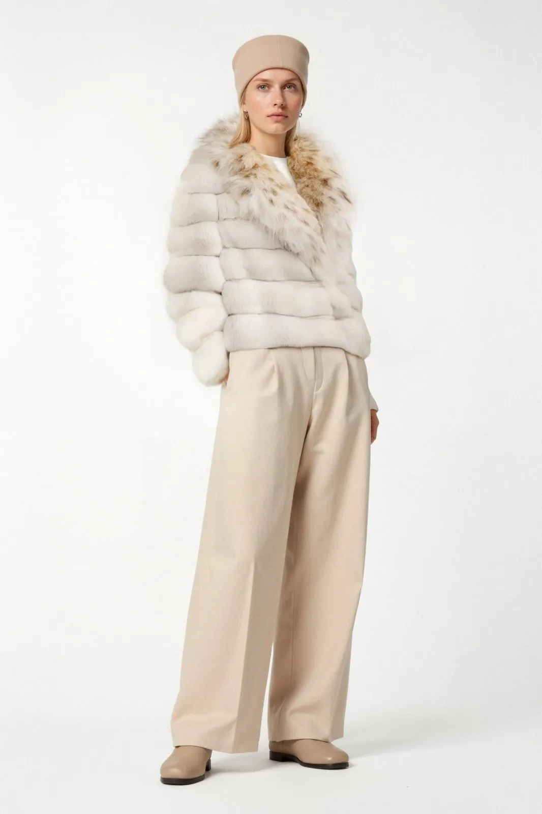Cream Chinchilla Fur Jacket with Lynx Collar