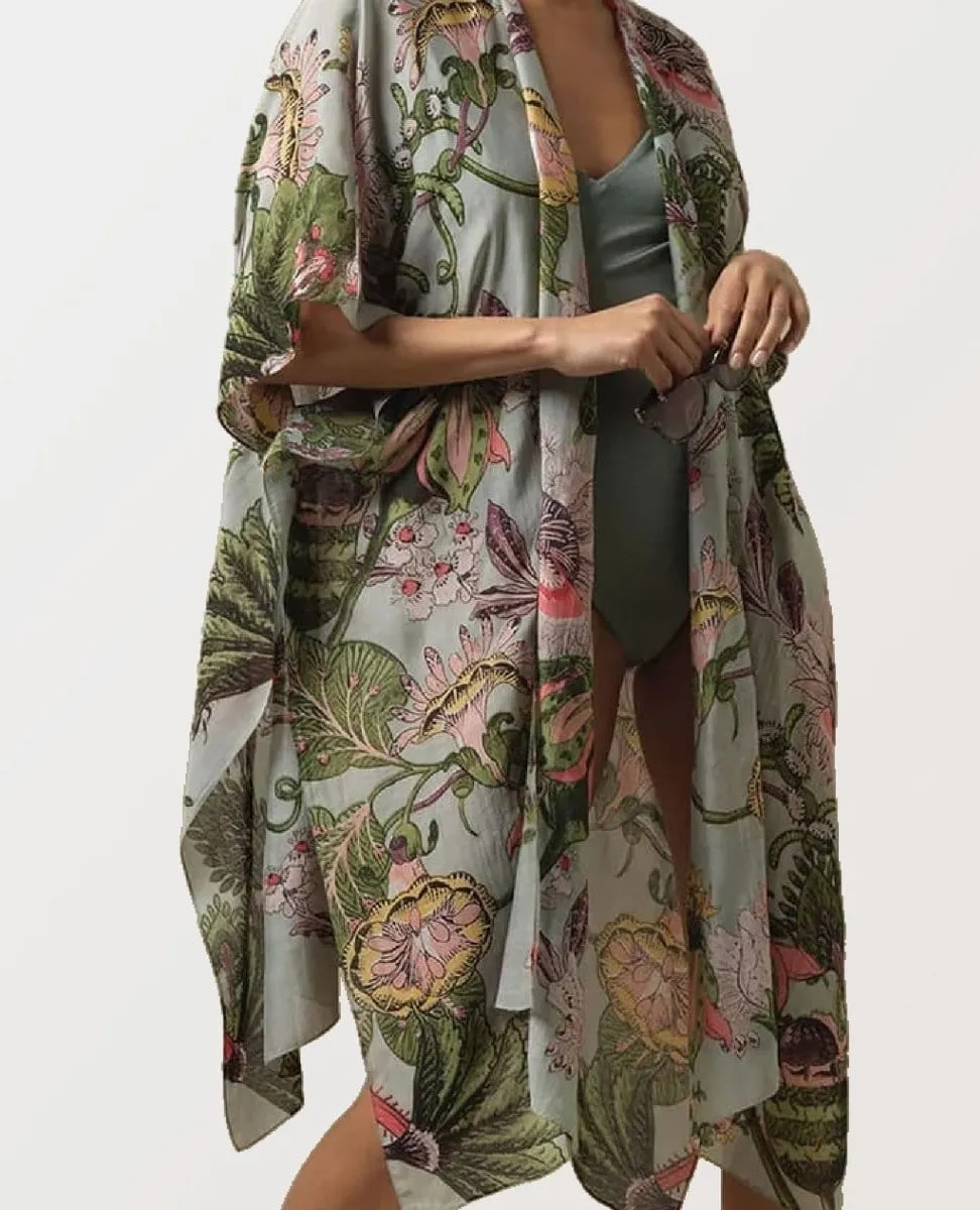 Eccentric Bloom Hand Printed Long Kimono
