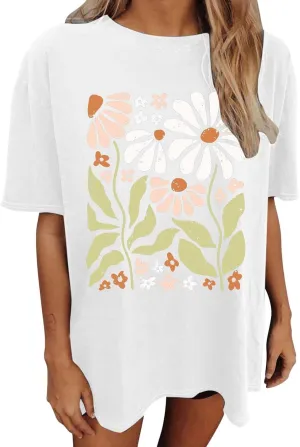 Graphic Tees for Teen Girls Oversized Boho Wildflowers Tshirt Vintage Floral Graphic Tees Summer Flower Tops