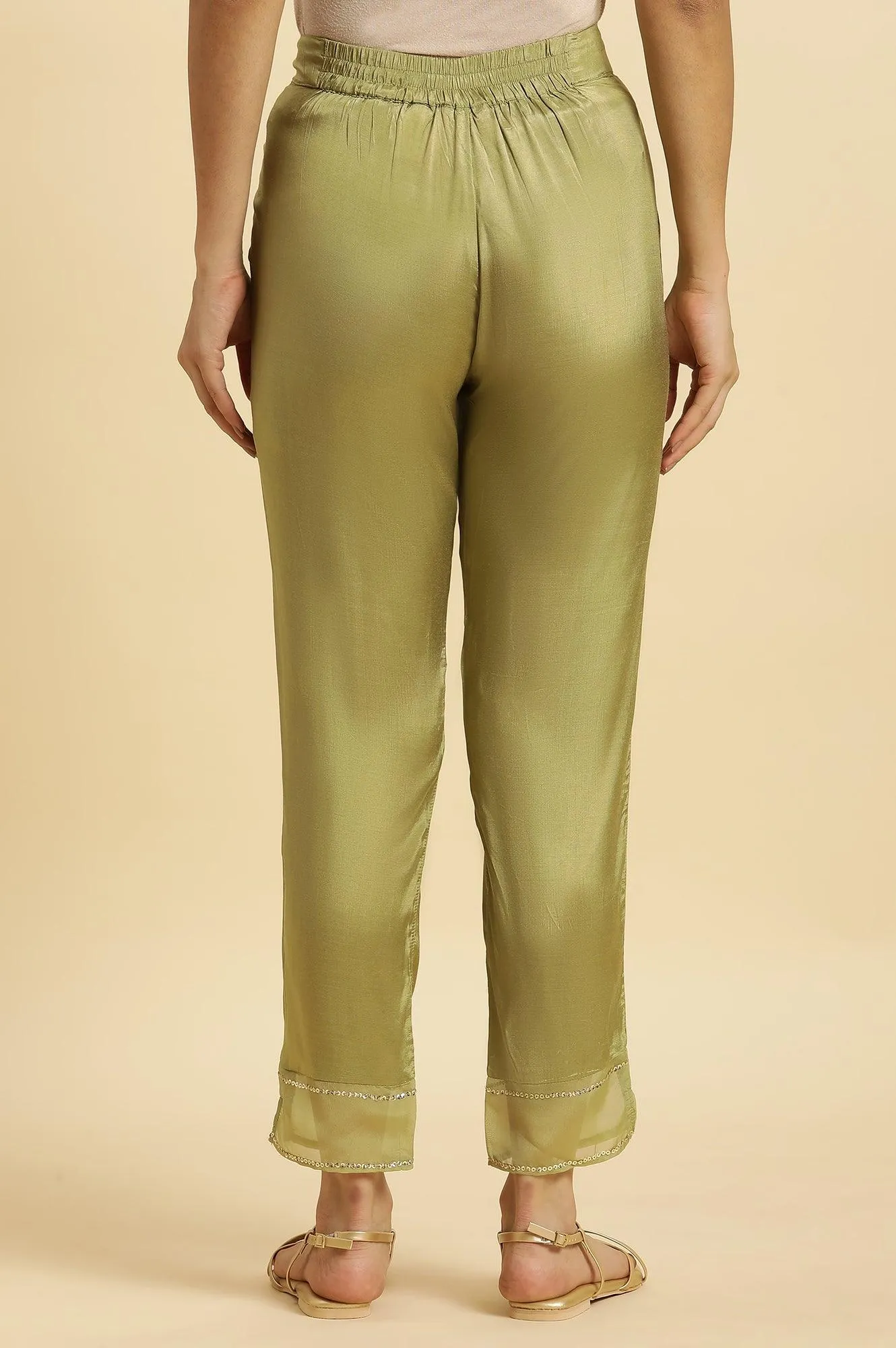 Green Solid Slim Pants With Organza Insert