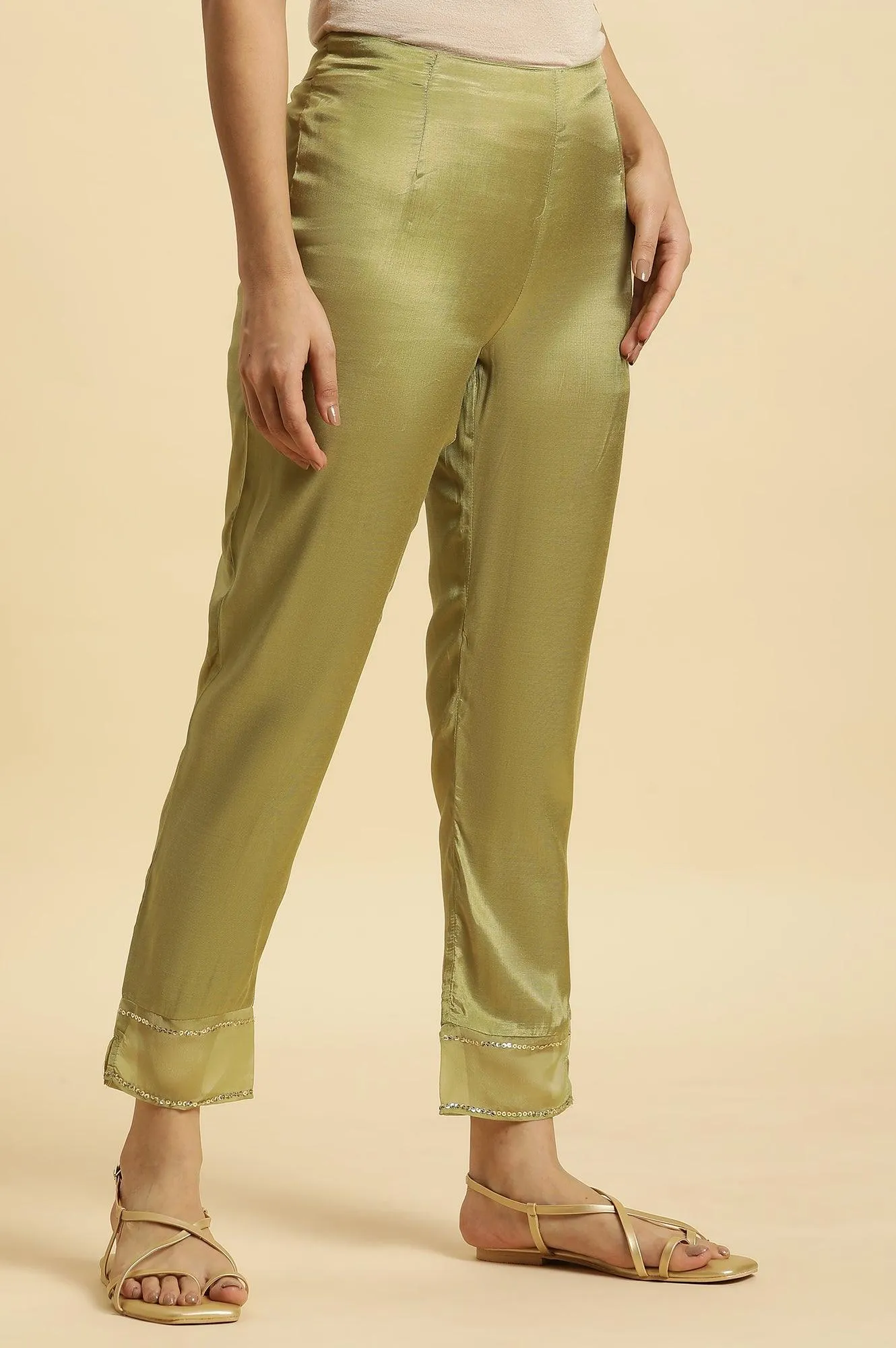 Green Solid Slim Pants With Organza Insert
