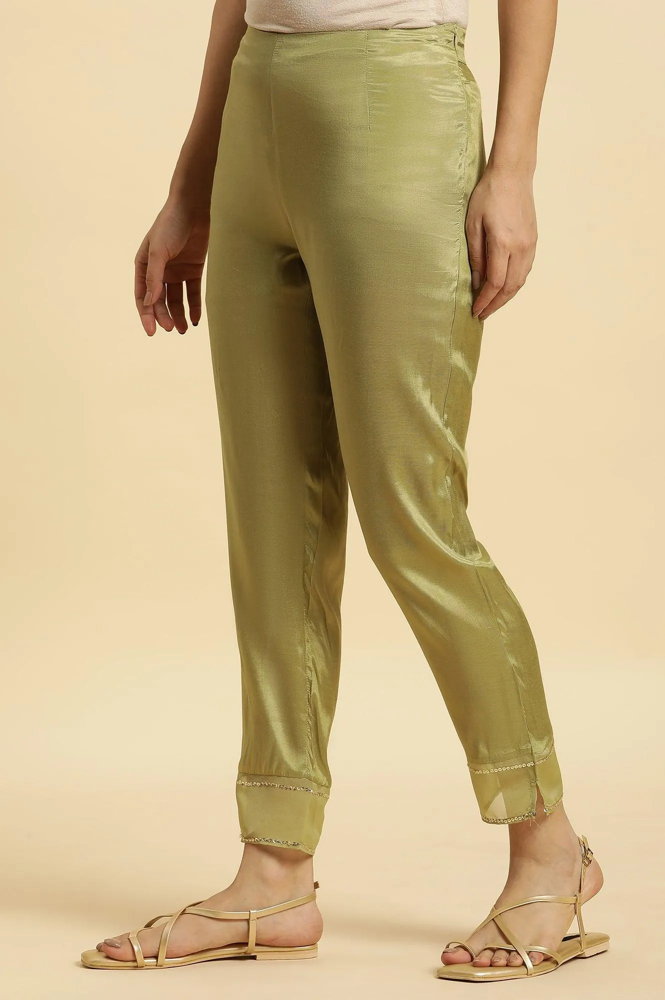 Green Solid Slim Pants With Organza Insert