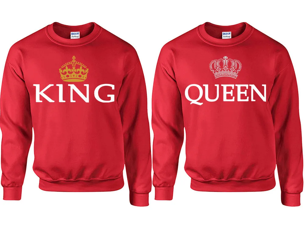 King & Queen Couple Matching Crewneck Sweaters – Unisex Pullover Sweaters Sold Separately for Him and Her