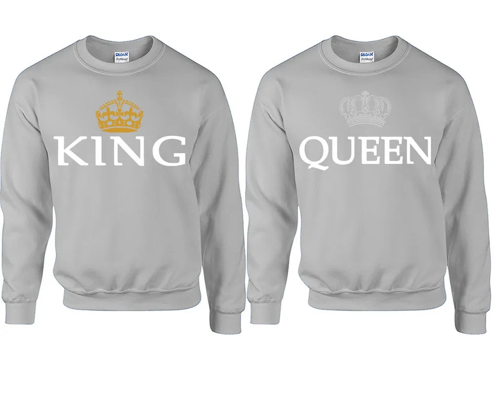King & Queen Couple Matching Crewneck Sweaters – Unisex Pullover Sweaters Sold Separately for Him and Her