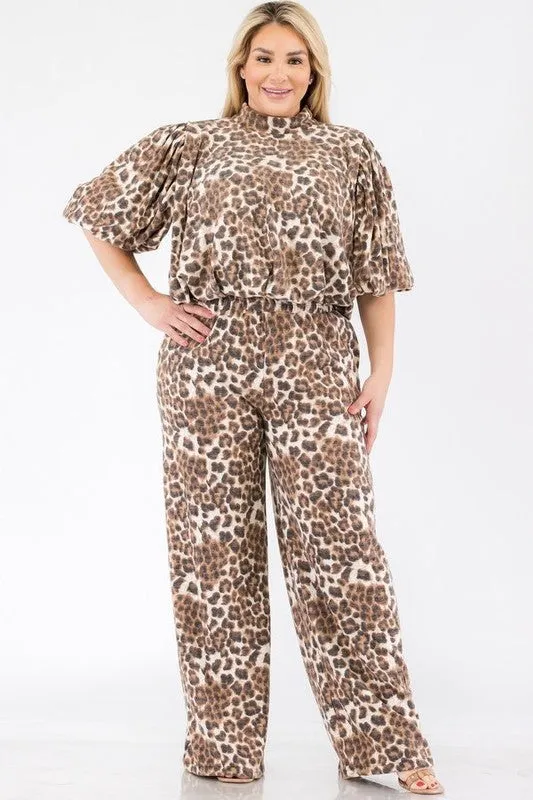 Leopard Crop Top Pants Set - Plus