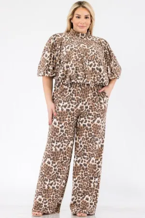 Leopard Crop Top Pants Set - Plus