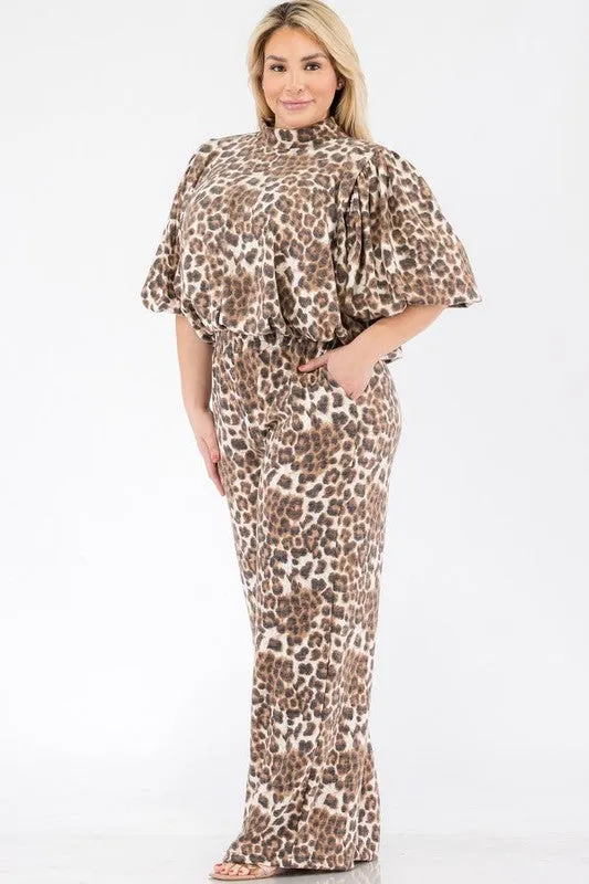 Leopard Crop Top Pants Set - Plus
