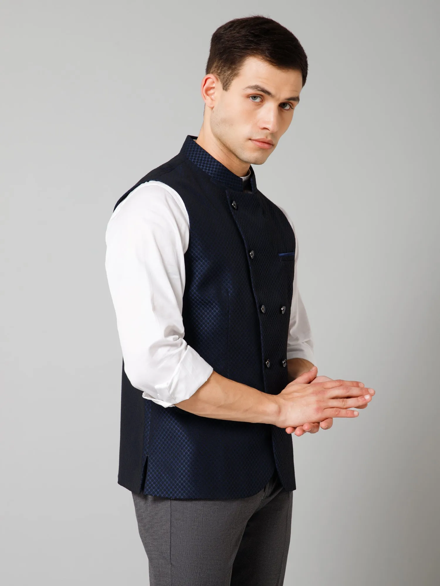 Men Navy Blue Self Design Casual Band Collar Sleeveless Waist Coat