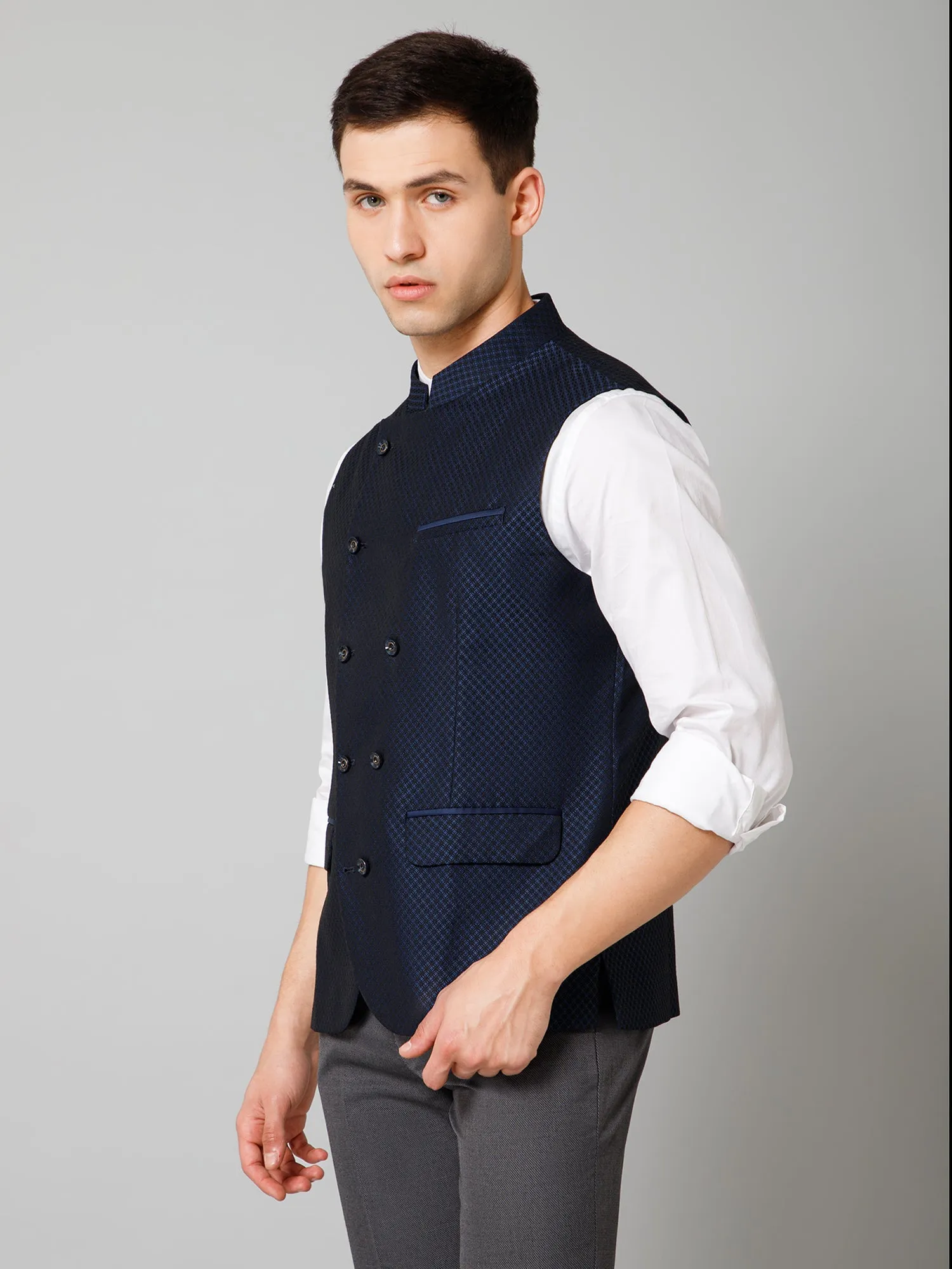 Men Navy Blue Self Design Casual Band Collar Sleeveless Waist Coat