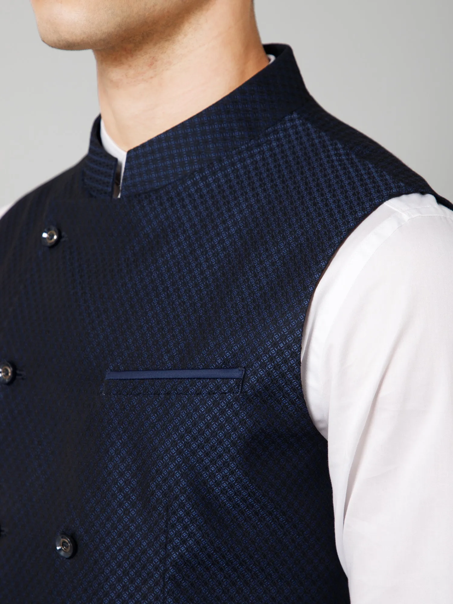 Men Navy Blue Self Design Casual Band Collar Sleeveless Waist Coat