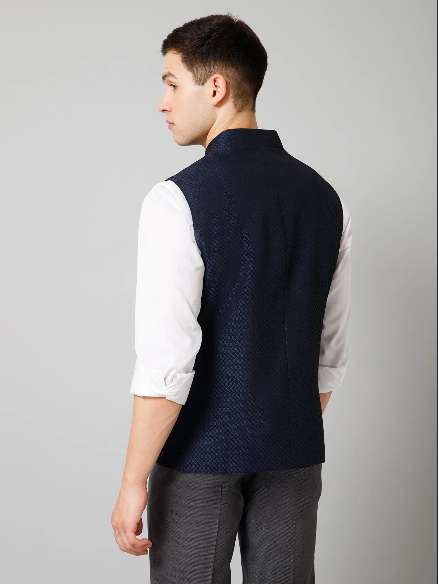 Men Navy Blue Self Design Casual Band Collar Sleeveless Waist Coat
