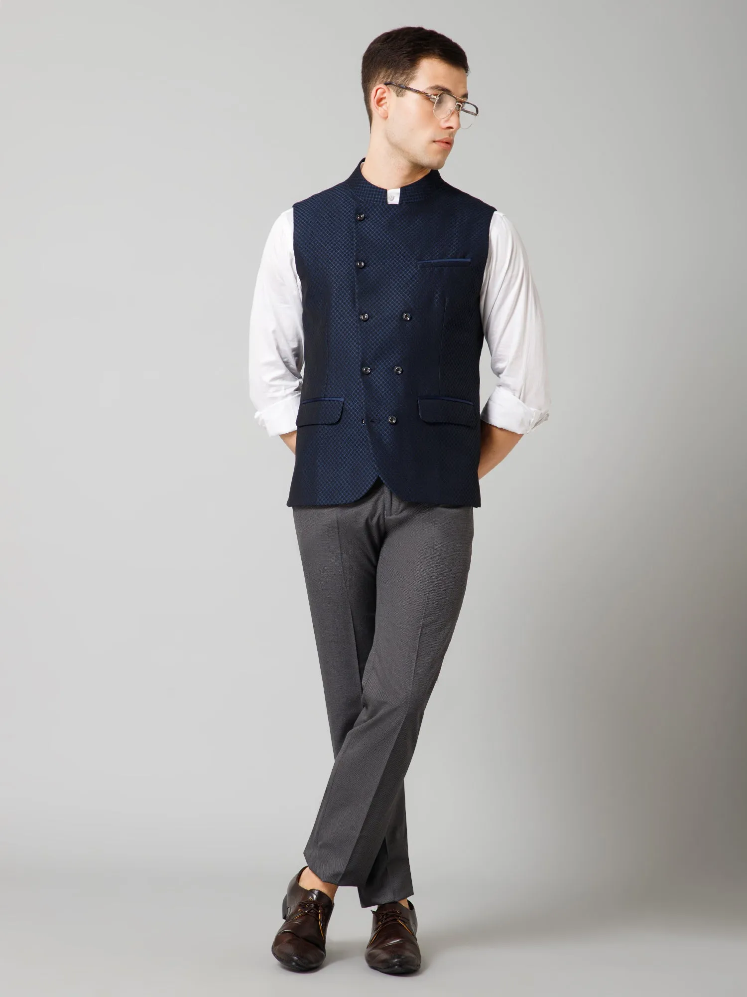 Men Navy Blue Self Design Casual Band Collar Sleeveless Waist Coat