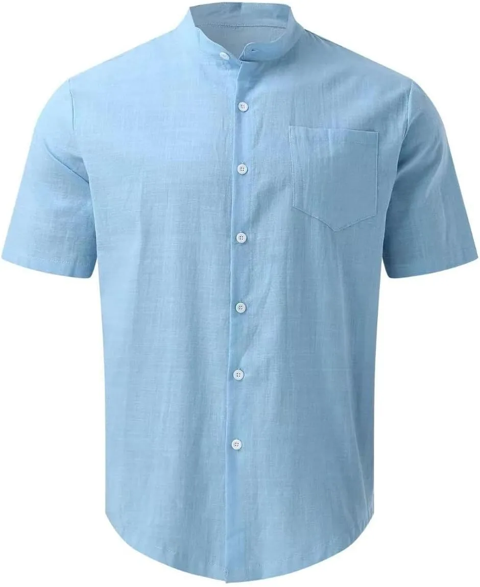 Mens Banded Collar Cotton Linen Shirts, Casual Short Sleeve Button Down Shirts Slim Fit Summer Beach Tops with Pocket