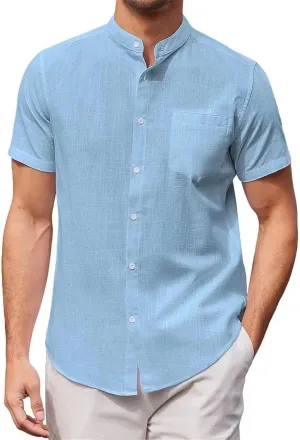 Mens Banded Collar Cotton Linen Shirts, Casual Short Sleeve Button Down Shirts Slim Fit Summer Beach Tops with Pocket