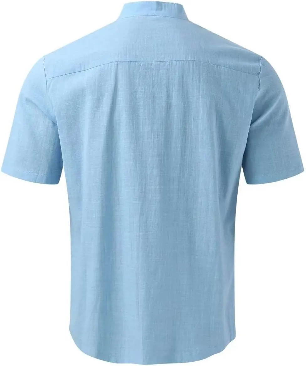 Mens Banded Collar Cotton Linen Shirts, Casual Short Sleeve Button Down Shirts Slim Fit Summer Beach Tops with Pocket