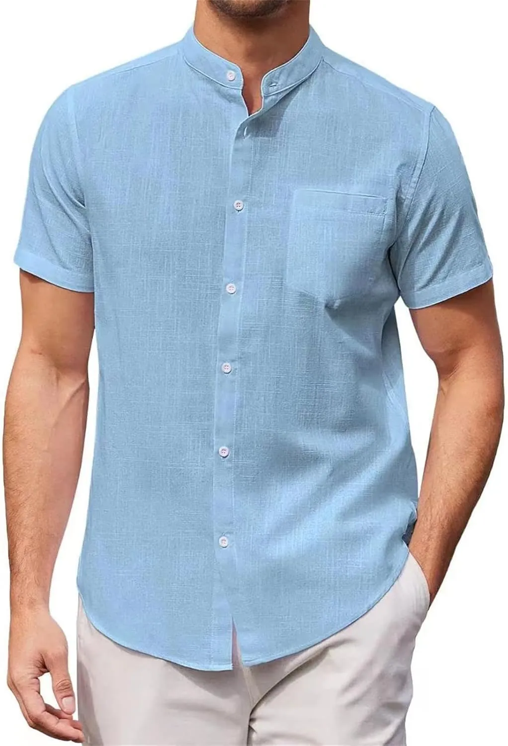 Mens Banded Collar Cotton Linen Shirts, Casual Short Sleeve Button Down Shirts Slim Fit Summer Beach Tops with Pocket