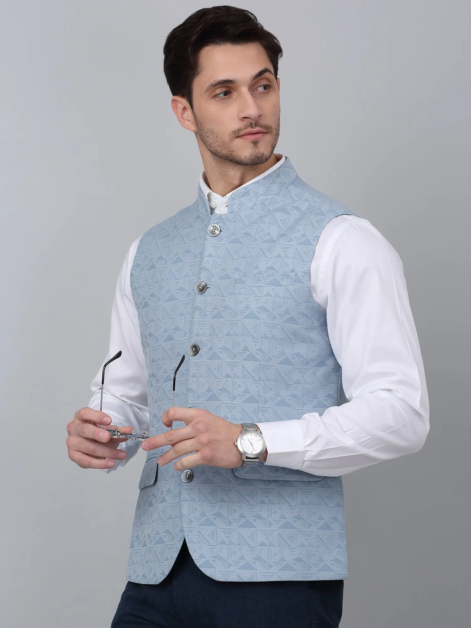 Men's Blue Self Design Party Wear Waistcoat