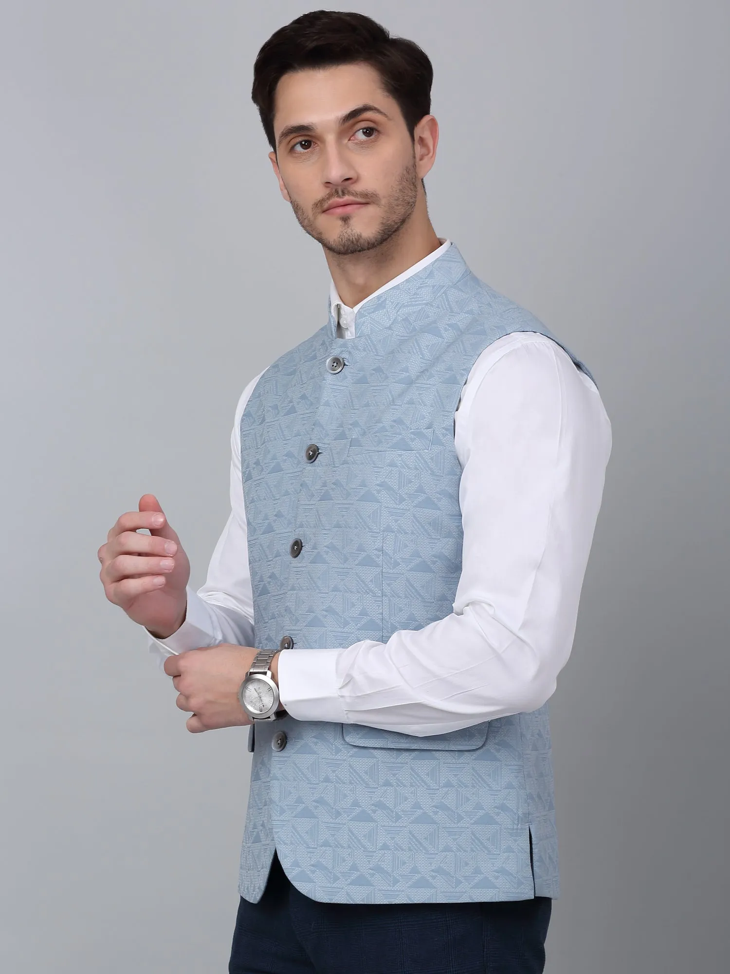 Men's Blue Self Design Party Wear Waistcoat
