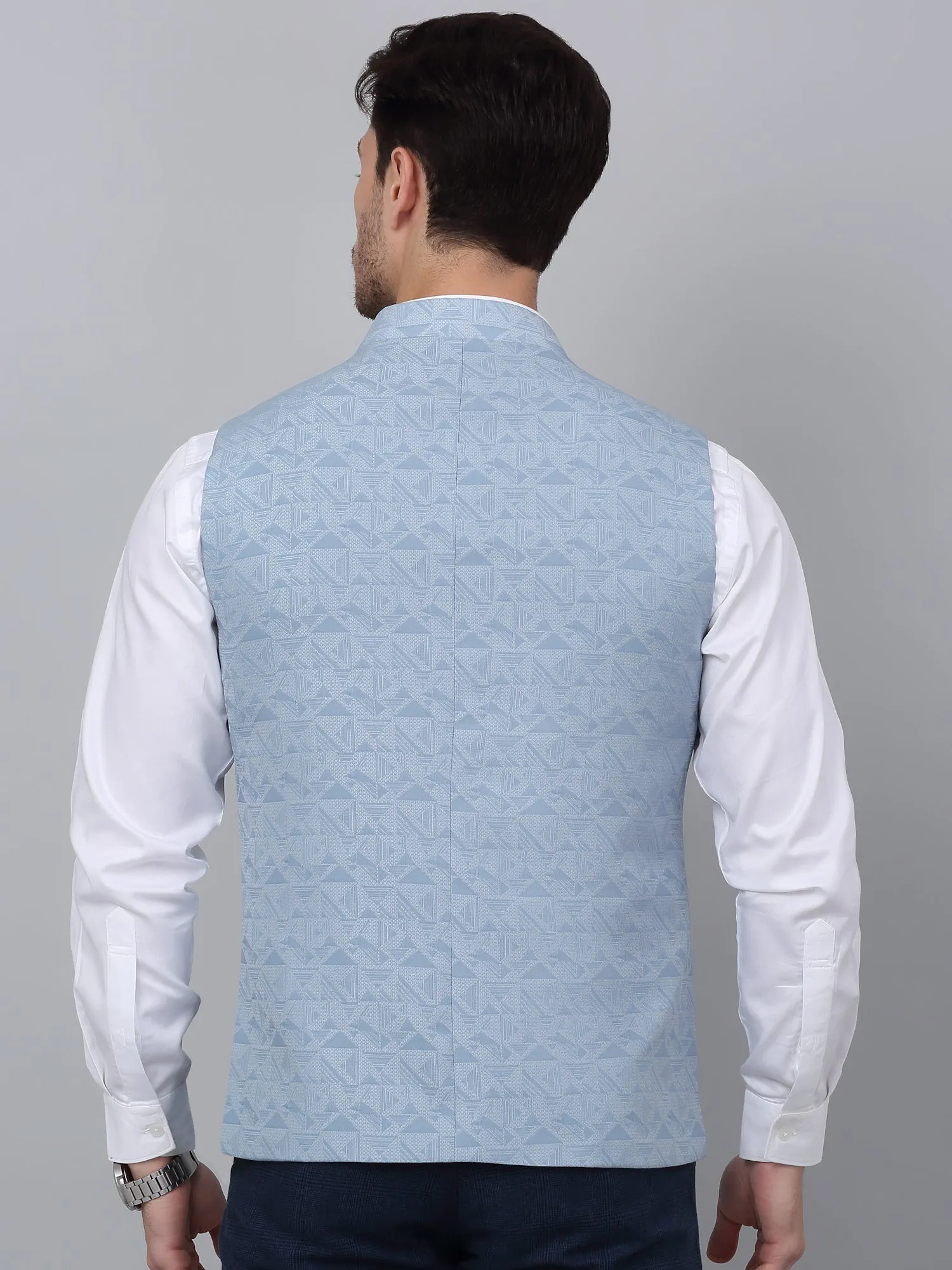 Men's Blue Self Design Party Wear Waistcoat