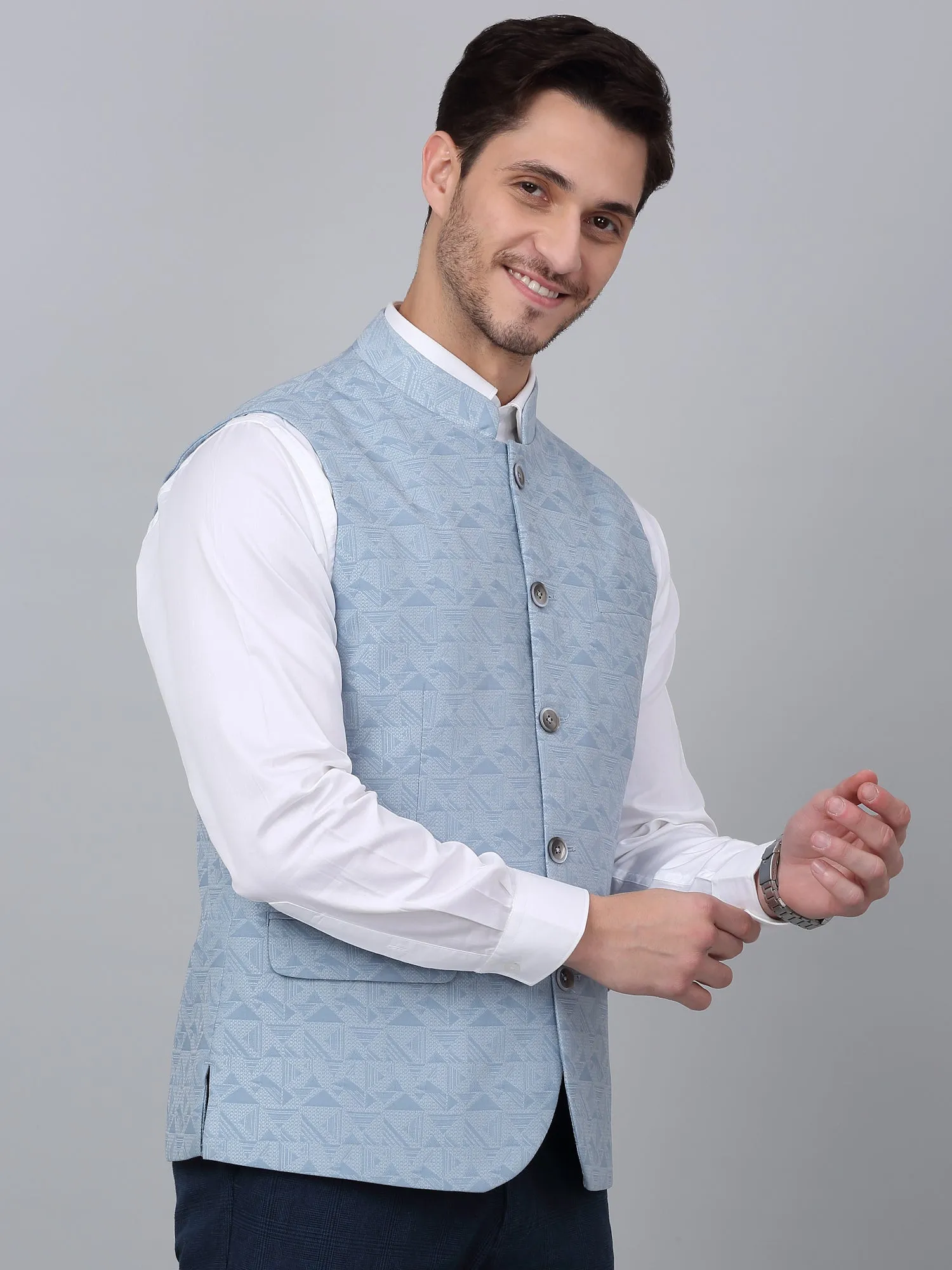 Men's Blue Self Design Party Wear Waistcoat