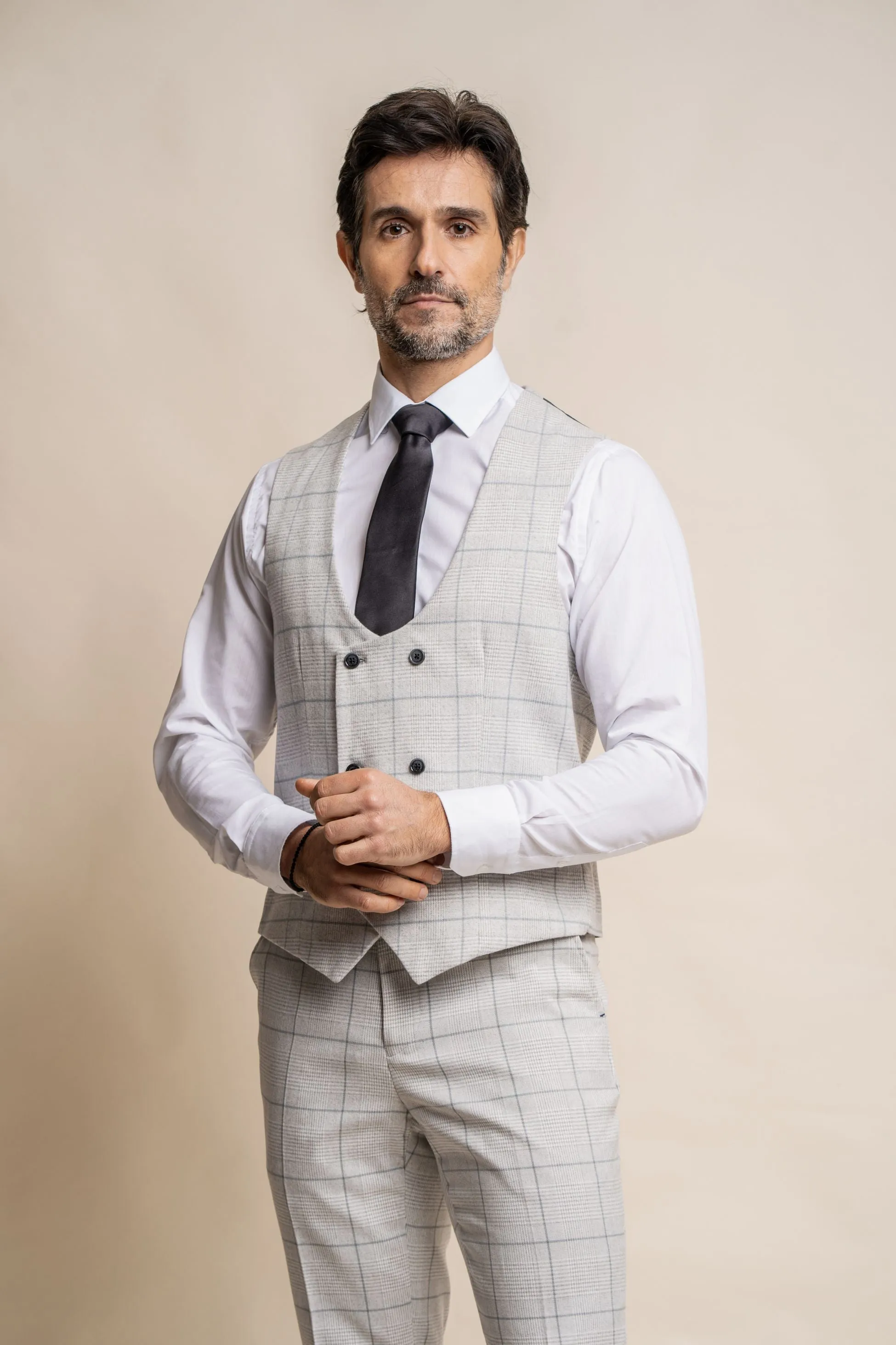 Men's Double Breasted Retro Check Grey Waistcoat - RADIKA - Light Grey