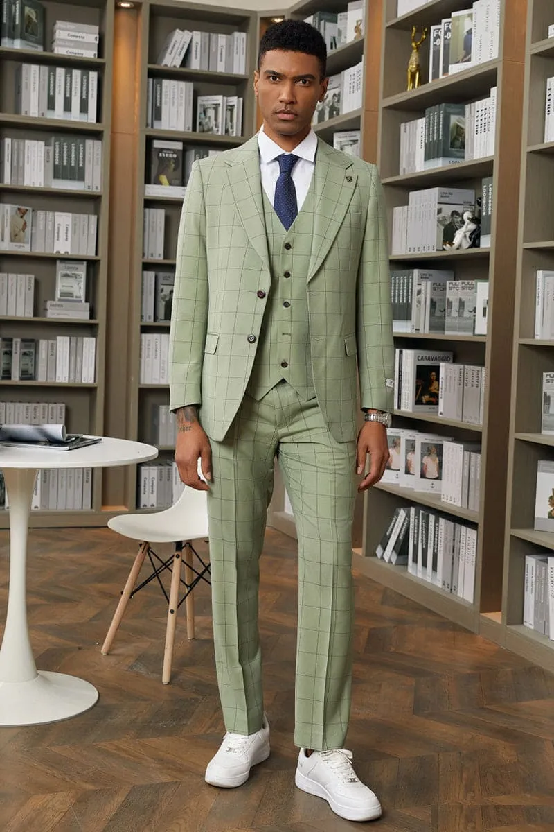 "Mens Stacy Adams Suit -Stacy Adams  Suit Men's Sage Green Windowpane Plaid Vested Suit"