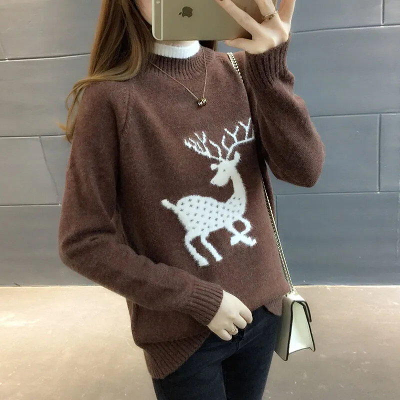 Reindeer Pure Color Mock Neck Sweater