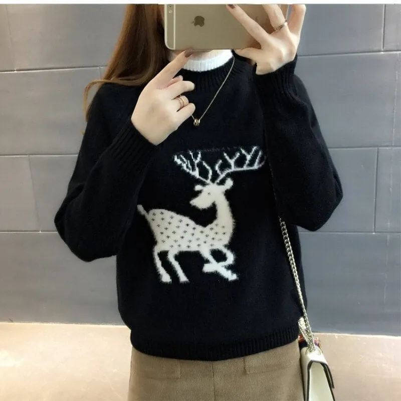Reindeer Pure Color Mock Neck Sweater