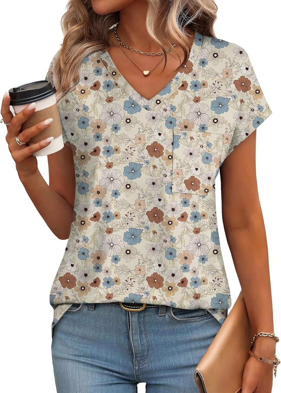 SAMPEEL Womens T Shirts V Neck Cap Short Sleeve Summer Tops Trendy 2025 Loose Casual Tshirts with Pocket