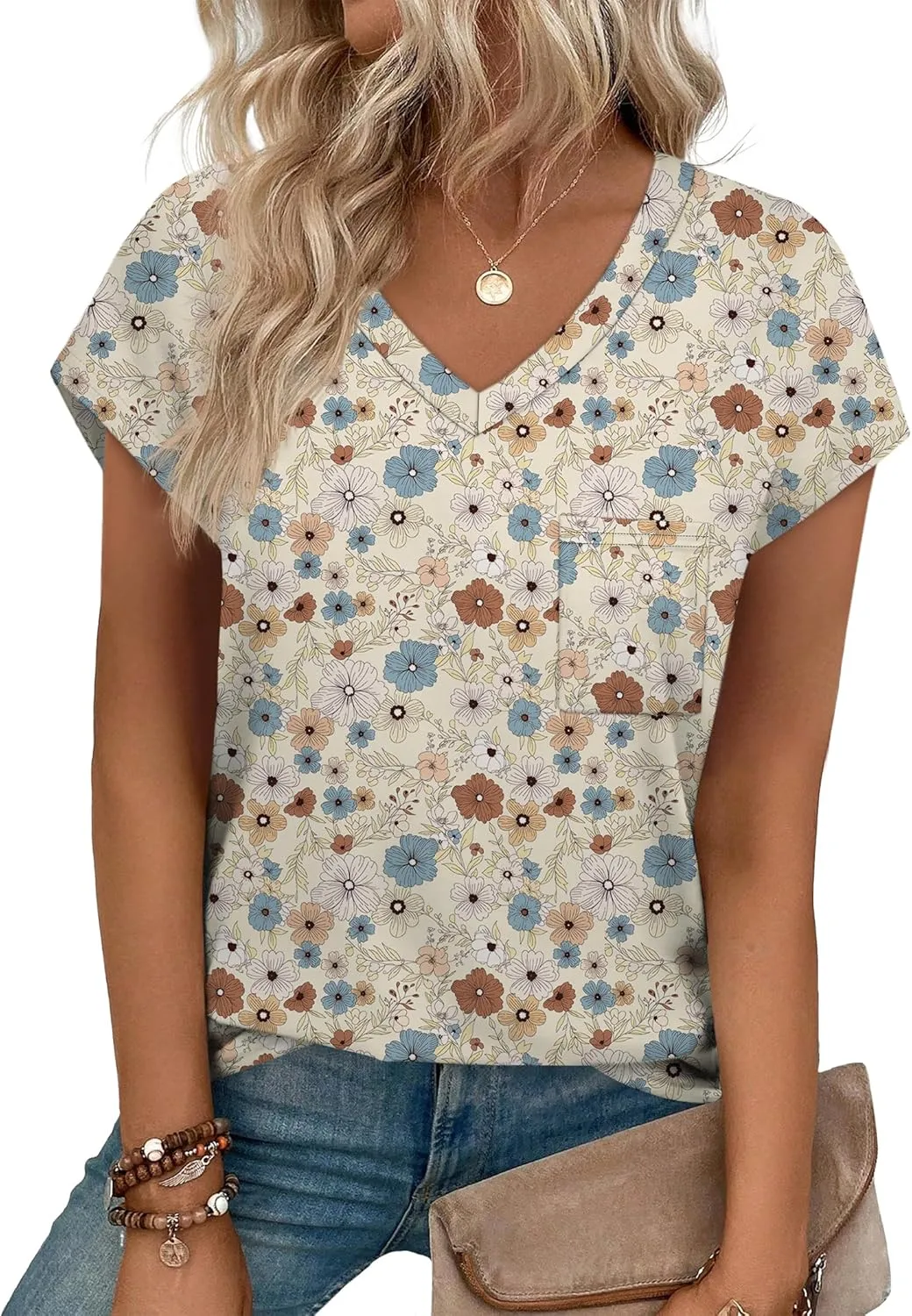 SAMPEEL Womens T Shirts V Neck Cap Short Sleeve Summer Tops Trendy 2025 Loose Casual Tshirts with Pocket