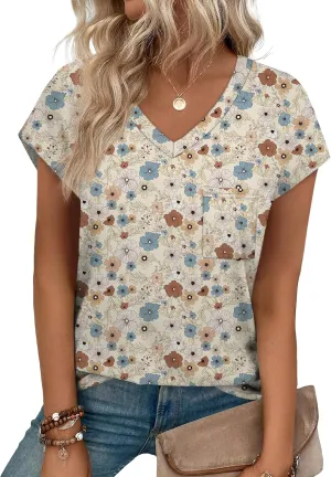 SAMPEEL Womens T Shirts V Neck Cap Short Sleeve Summer Tops Trendy 2025 Loose Casual Tshirts with Pocket