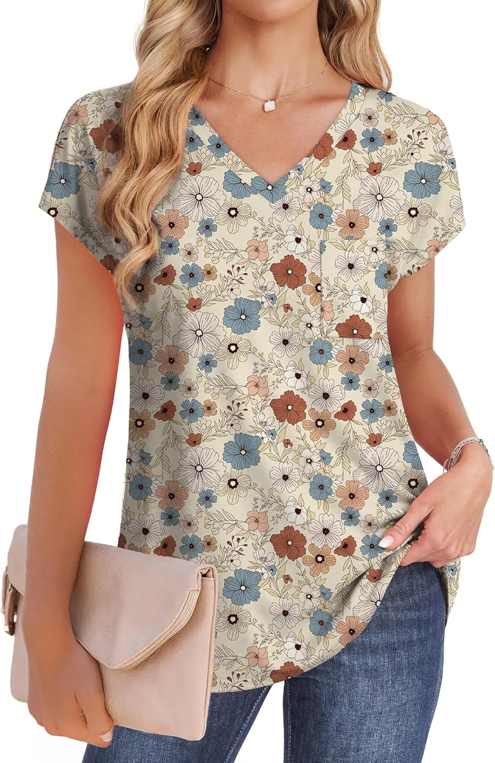 SAMPEEL Womens T Shirts V Neck Cap Short Sleeve Summer Tops Trendy 2025 Loose Casual Tshirts with Pocket