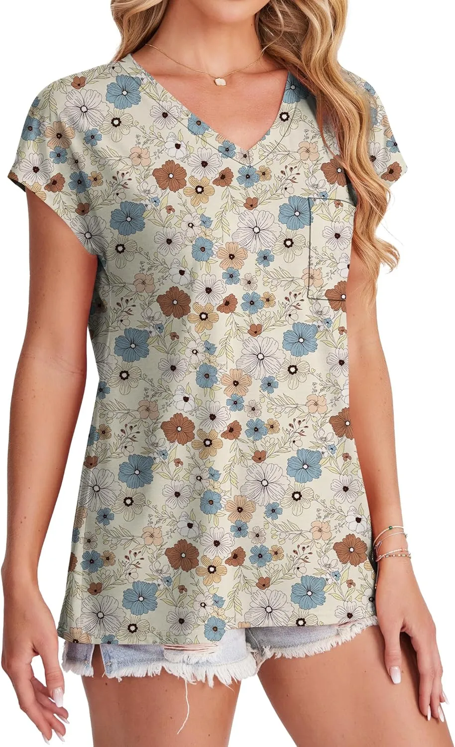 SAMPEEL Womens T Shirts V Neck Cap Short Sleeve Summer Tops Trendy 2025 Loose Casual Tshirts with Pocket