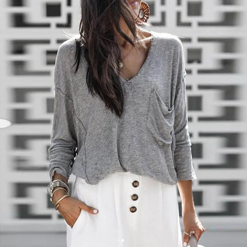 V-neck Slouchy Pure Color Loose Sweater