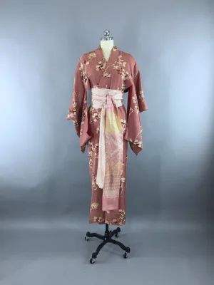 Vintage 1920s Vintage Silk Kimono Robe / Mauve Pink Floral Print