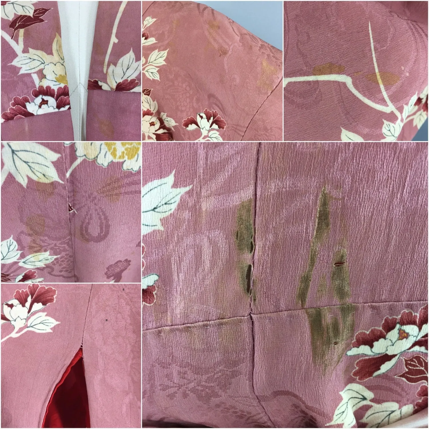 Vintage 1920s Vintage Silk Kimono Robe / Mauve Pink Floral Print
