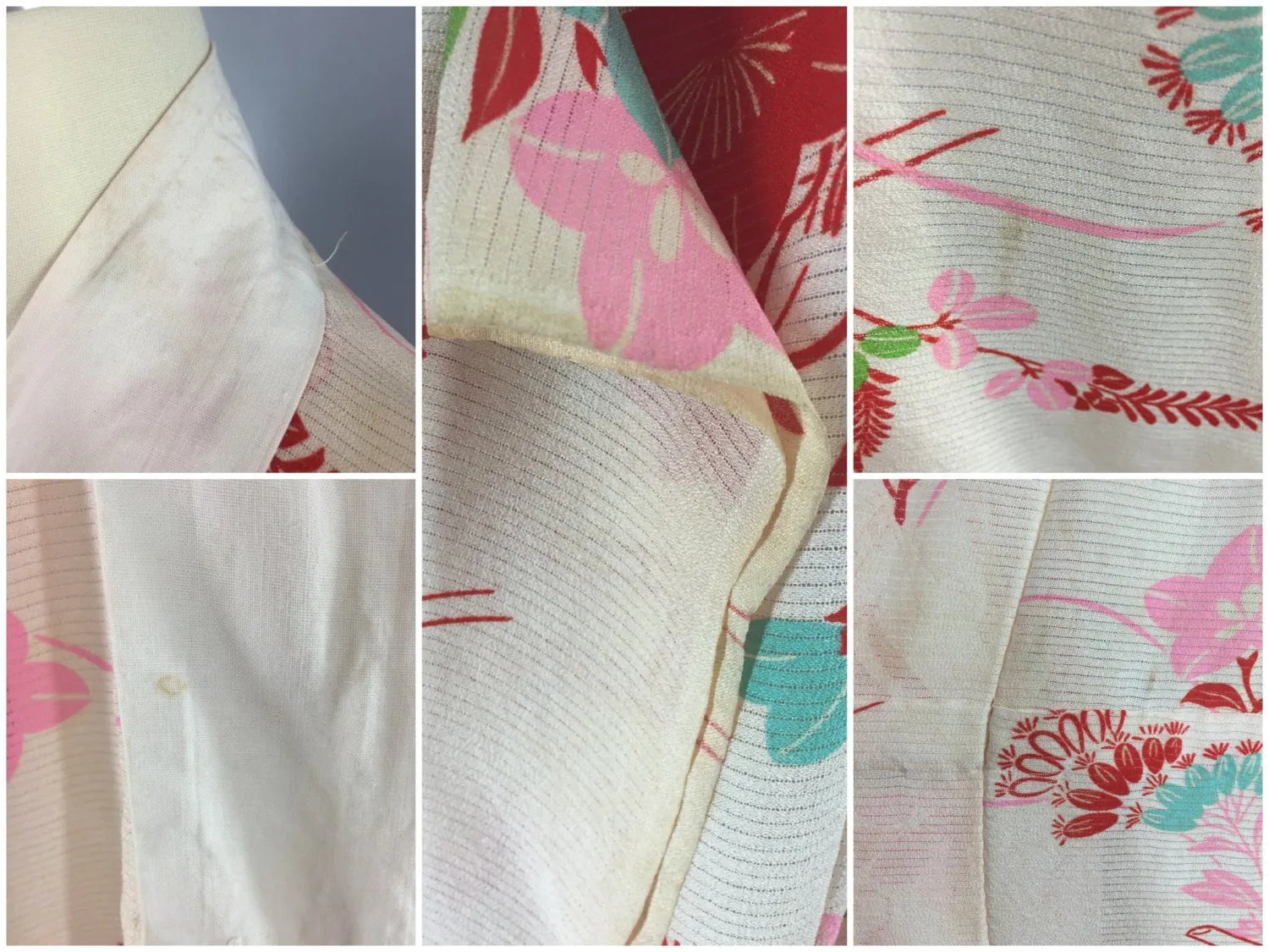 Vintage 1930s Silk Kimono Robe / Ivory Pink Aqua Floral Print